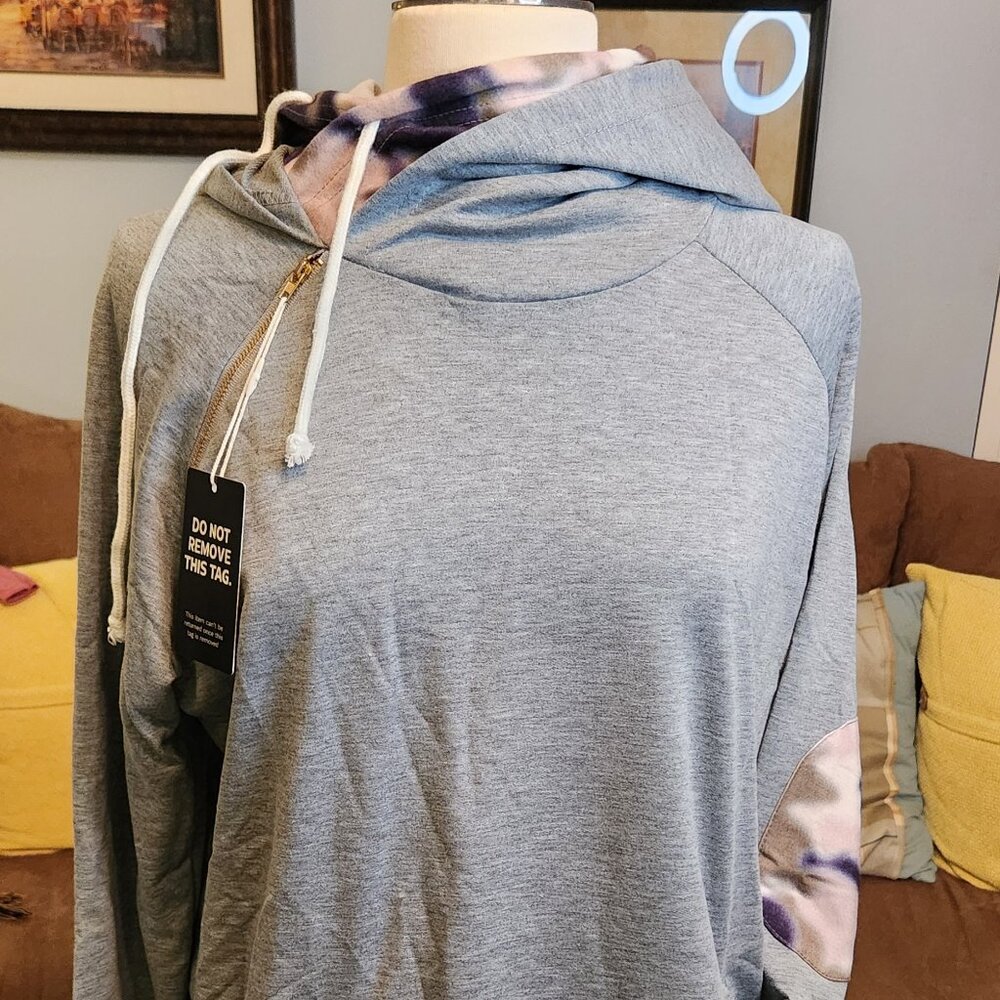 Women's Gray Double Hoody Sweatshirt with Camo Elbow Patch and Thumb holes with